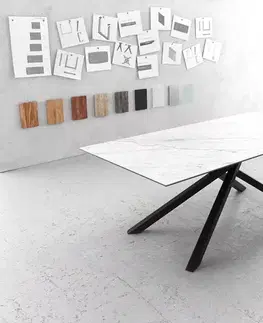 Jedálenské stoly DELIFE Jedálenský stôl Edge 200x100 cm keramika Laminam® Statuarietto biela stredová podstava kríž čierna