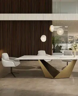 Jedálenské stoly DELIFE Jedálenský stôl Edge 300x100 keramika Calacatta Luxe bielo-zlato-šedá Prisma metalická zlatá