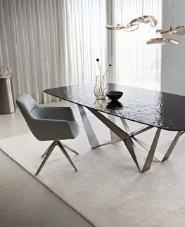 Jedálenské stoly DELIFE Jedálenský stôl Edge zaoblený tvar 240x120 reliéfne sklo dymovo čierna 3D dizajn Spider plochá oceľ nerezová oceľ