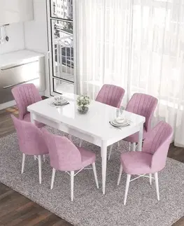 Jedálenské sety Extendable Dining Table & Chairs Set (7 Pieces) Eva - White, Pink