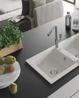 Kuchynské drezy MEXEN/S MEXEN/S - Mario granitový drez 2-bowl vrátane batérie Flora, biela 6504-20-670401-06