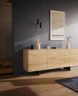 Komody DELIFE Komoda Cuor 180 cm keramika Laminam® sabbia dubová farba 2 dvierka 3 zásuvky podstava závesná kov čierna