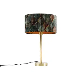 Stolné lampy Stolná lampa mosadzná s oválnym zamatovým tienidlom s motívom listov 35 cm - Simplo