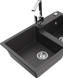 Kuchynské drezy MEXEN/S MEXEN/S - Tomas granitový drez 2-bowl vrátane batérie Rita, čierna kropenatá 6516-76-670300-00
