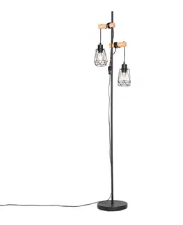 Stojace lampy Rustikálna stojaca lampa čierna s drevom 2-svetlo s tienidlom - Dami Frame