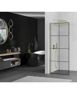Sprchové dvere MEXEN/S - Kioto L Sprchová zástena WALK-IN 80 x 200, čierny vzor, zlato kartáčovaná 800-080-103-55-77