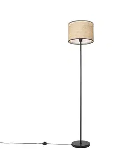 Stojace lampy Rustikálna stojaca lampa čierna s ratanovým tienidlom - Kata