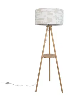 Stojace lampy Drevená stojacia lampa s trojnožkou s bielym a béžovým pruhovaným tienidlom 50 cm - Lou