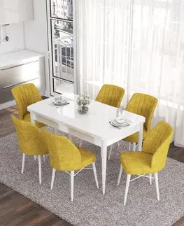 Jedálenské sety Extendable Dining Table & Chairs Set (7 Pieces) Eva - White, Mustard