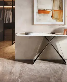 Konzolové stolíky DELIFE Konzolový stolík Edge zaoblený tvar 180×40 cm keramika Calacatta Luxe bielo-zlato-šedá Velio kov titánová farba