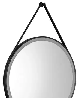 Kúpeľňové zrkadlá AQUALINE - STAGO guľaté zrkadlo s LED osvetlením priemer 60cm, kožený popruh, dotykový senzor, stmievateľné, čierna mat SG060