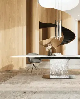 Jedálenské stoly DELIFE Jedálenský stôl Edge 200-300x100 keramika Laminam®Statuarietto biela vlna nerezová oceľ rozkladací