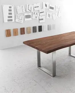 Jedálenské stoly DELIFE Jedálenský stôl Edge 200x100 XL akácia hnedá nerezová oceľ úzky Live-Edge
