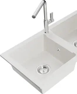 Kuchynské drezy MEXEN/S MEXEN/S - Mario granitový drez 2-bowl vrátane batérie Flora, biela 6504-20-670401-00