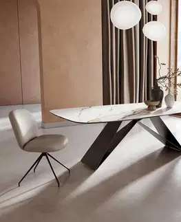 Jedálenské stoly DELIFE Jedálenský stôl Edge zaoblený 240x120 keramika Calacatta Luxe bielo-zlato-šedá podstava v tvare V plochá oceľ čierna