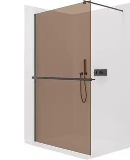 Sprchové dvere CERANO - Sprchová zástena Walk-in Onyx Round Ľ/P - 8 mm + polička/držiak na uteráky - guľatá vzpera - čierna matná, bronzové sklo - 100x200 CER-689260