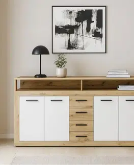 Komody KONDELA Lunysa štvordverová komoda so zásuvkami dub artisan / biela