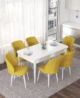 Jedálenské sety Extendable Dining Table & Chairs Set (7 Pieces) Nef - White, Mustard