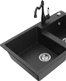 Kuchynské drezy MEXEN/S MEXEN/S - Tomas granitový drez 2-bowl vrátane batérie Carla, čierna/strieborná metalík 6516-73-670700-70