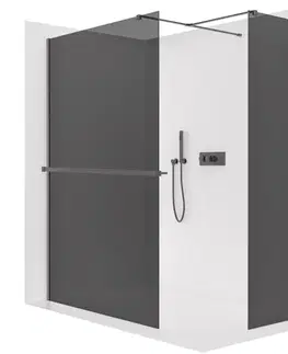 Držadlá k vani CERANO - Sprchová zástěna Walk-in Onyx T L/P - 8 mm - hranatá vzpěra + polička/držák na ručníky - černá matná, grafitové sklo - 120x50x200  CER-8050BD3865