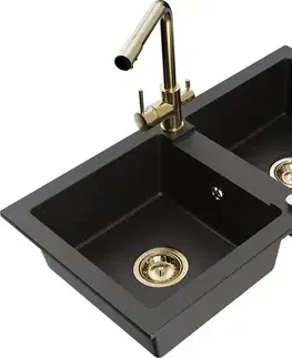 Kuchynské drezy MEXEN/S MEXEN/S - Mario granitový drez 2-bowl vrátane batérie Duero, čierna/zlatá metalik 6504-75-671600-50