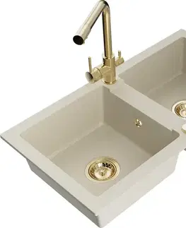 Kuchynské drezy MEXEN/S MEXEN/S - Mario granitový drez 2-bowl vrátane batérie Duero, béžová 6504-69-671600-50