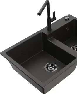 Kuchynské drezy MEXEN/S MEXEN/S - Tomas granitový drez 2-bowl vrátane batérie Flora, čierna/zlatá metalik 6516-75-670401-70-B
