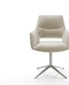 Jedálenské stoličky DELIFE Jedálenská stolička Yago-Flex s opierkami tkanina mäkká béžová krížová podstava nerezová oceľ 360° otočný hojdacia funkcia vrecková pružina