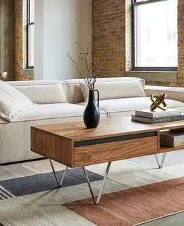 Konferenčné stolíky DELIFE Konferenčný stolík Stonegrace 115x60x35 cm akácia prírodná bridlica 2 zásuvky 1 priehradka