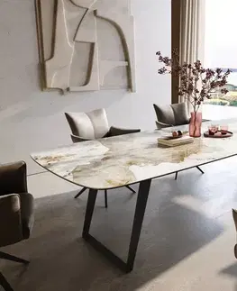Jedálenské stoly DELIFE Jedálenský stôl Edge zaoblený tvar 300×120 cm keramika Minas Melange bielo-béžová kovová šikmá čierna