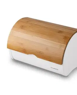 Dózy na potraviny Kinekus Chlebník nerezový 34x24,5x21cm biely + bambus