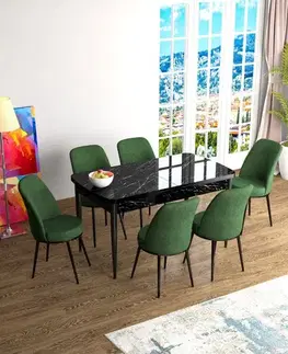 Jedálenské sety Extendable Dining Table & Chairs Set (7 Pieces) Han - Black Marble, Khaki