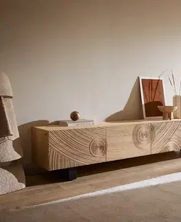 Televízne stolíky DELIFE TV stolík Ashara 220 cm dub prírodný 3D efekt 4 dvierka kovová podstava čierna