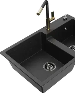 Kuchynské drezy MEXEN/S MEXEN/S - Tomas granitový drez 2-bowl vrátane batérie Flora, čierna/srebrny metalik 6516-73-670401-57-B