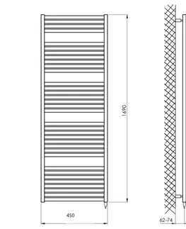 Radiátory do kúpeľne AQUALINE - TONDI-E elektrické vykurovacie teleso, rovné, 450x1690 600 W, čierna mat DE446T