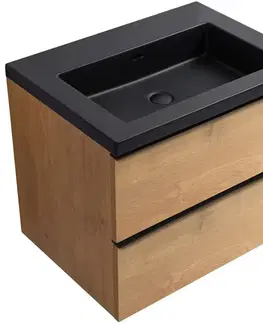Kúpeľňový nábytok CERANO - Kúpeľňová skrinka Velora - dub medový, úchytka čierna + umývadlo z lit. mramoru Ovo - čierna matná - 70,5x58x46,5 CER-979971