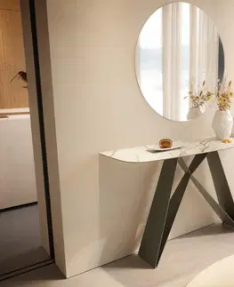 Konzolové stolíky DELIFE Konzolový stolík Edge zaoblený tvar 140×40 cm keramika Calacatta Luxe bielo-zlato-šedá Velio kov titánová farba