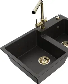 Kuchynské drezy MEXEN/S MEXEN/S - Tomas granitový drez 2-bowl vrátane batérie Duero, čierna/zlatá metalik 6516-75-671600-50
