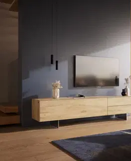 Televízne stolíky DELIFE TV stolík Cuor 220 cm keramika Laminam® Sabbia dubová farba 1 výklopné dvierka 2 zásuvky podstava závesná nerezová oceľ