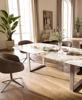 Jedálenské stoly DELIFE Jedálenský stôl Edge zaoblený tvar 260×120 cm keramika Minas Melange bielo-béžová nerezová oceľ úzky