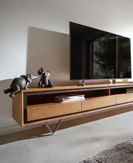 Televízne stolíky DELIFE TV stolík Stonegrace 240 cm akácia prírodná 2 priehradky 4 zásuvky kamenná dyha podstava v tvare V