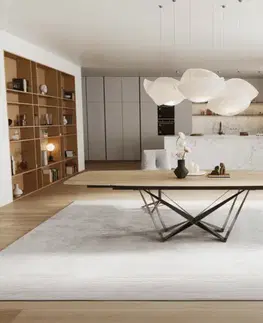Jedálenské stoly DELIFE Jedálenský stôl Edge zaoblený tvar 200-300×120 cm keramika Laminam® sabbia dubová farba pavúk plochá nerezová oceľ grafit rozkladací