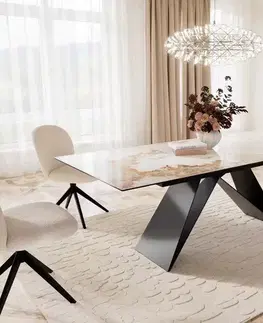 Jedálenské stoly DELIFE Jedálenský stôl Edge 180-220x100 keramika Minas melange bielo-béžová podstava v tvare V plochá oceľ čierna rozkladací