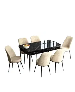 Jedálenské sety Extendable Dining Table & Chairs Set (7 Pieces) Han - Black Marble, Cream