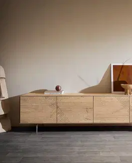Televízne stolíky DELIFE TV stolík Tereos 220 cm dub prírodný 3D efekt 4 dvierka podstava v tvare L nerezová oceľ kefovaná