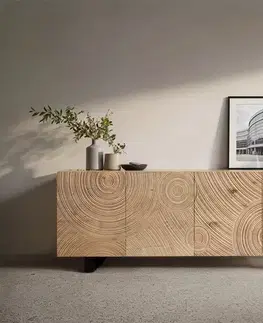 Komody DELIFE Komoda Ashara 200 cm dub prírodná 3D efekt 4 dvierka kovová podstava čierna
