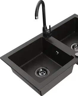 Kuchynské drezy MEXEN/S MEXEN/S - Mario granitový drez 2-bowl vrátane batérie Telma, čierna/zlatá 6504-75-670200-70-B