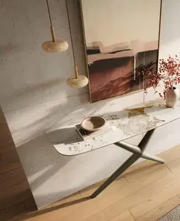 Konzolové stolíky DELIFE Konzolový stolík Edge zaoblený 140×40 cm keramika Minas Melange bielo-béžová Estelo kov titánová farba