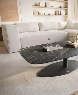 Konferenčné stolíky DELIFE Konferenčný stolík Edge zaoblený 120x70 cm keramika Laminam® Noir Desir hnedá Vibany kov čierna