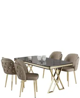 Jedálenské sety Dining Table & Chairs Set (5 Pieces) Rigel - Black Marble, Gold, Cappuccino